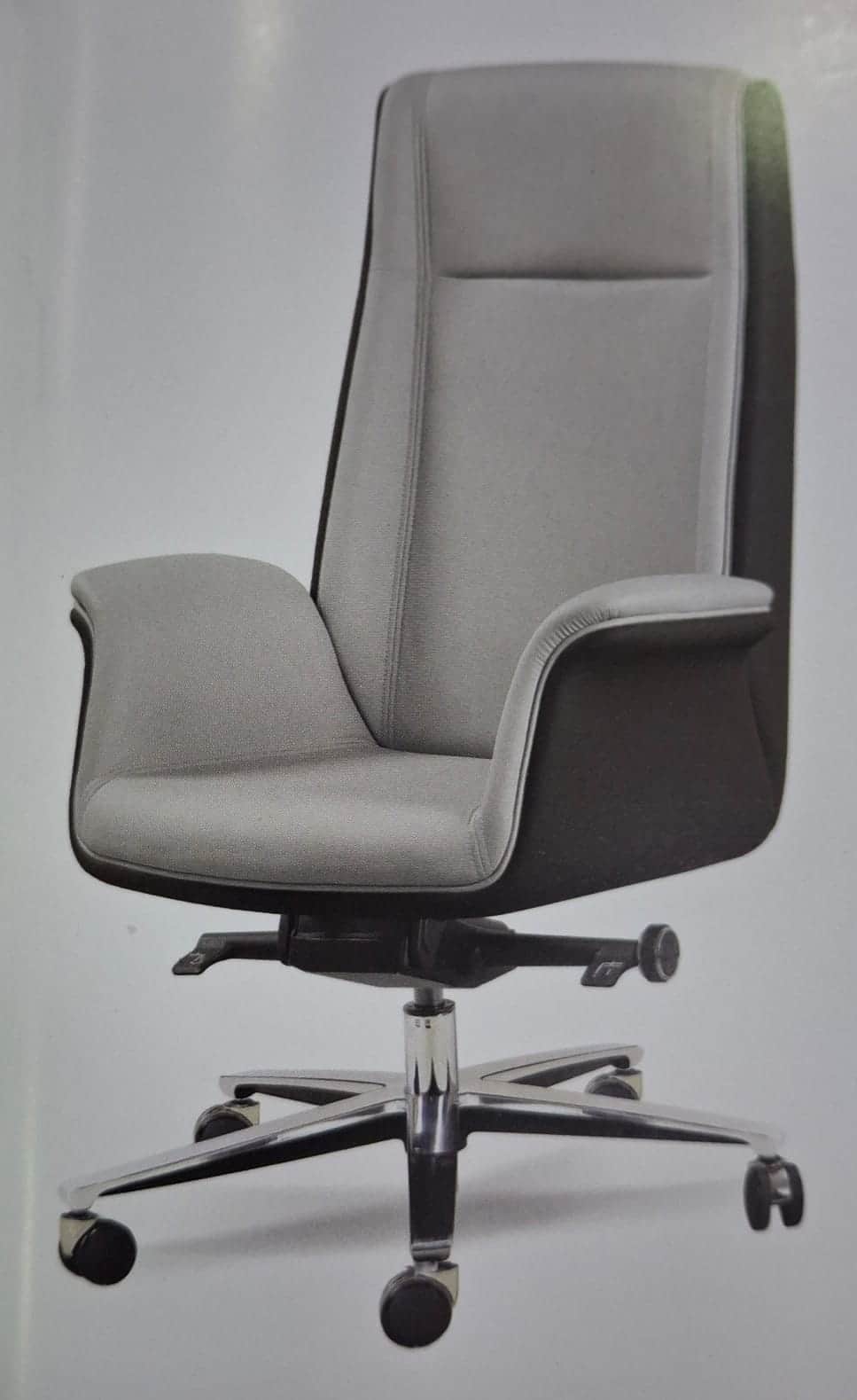 A modern office chair with a high backrest and integrated armrests. The chair features a five-star b… — 3D model