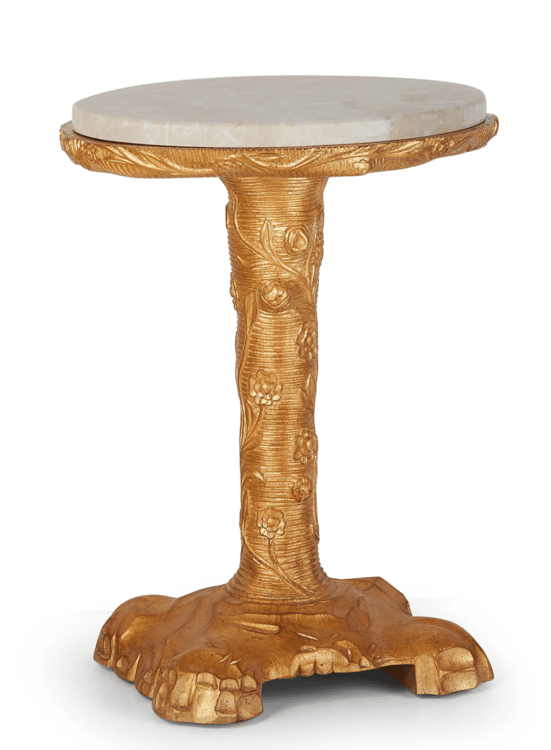 A small, round accent table featuring a circular white marble top and a highly decorative, intricate… — 3D model