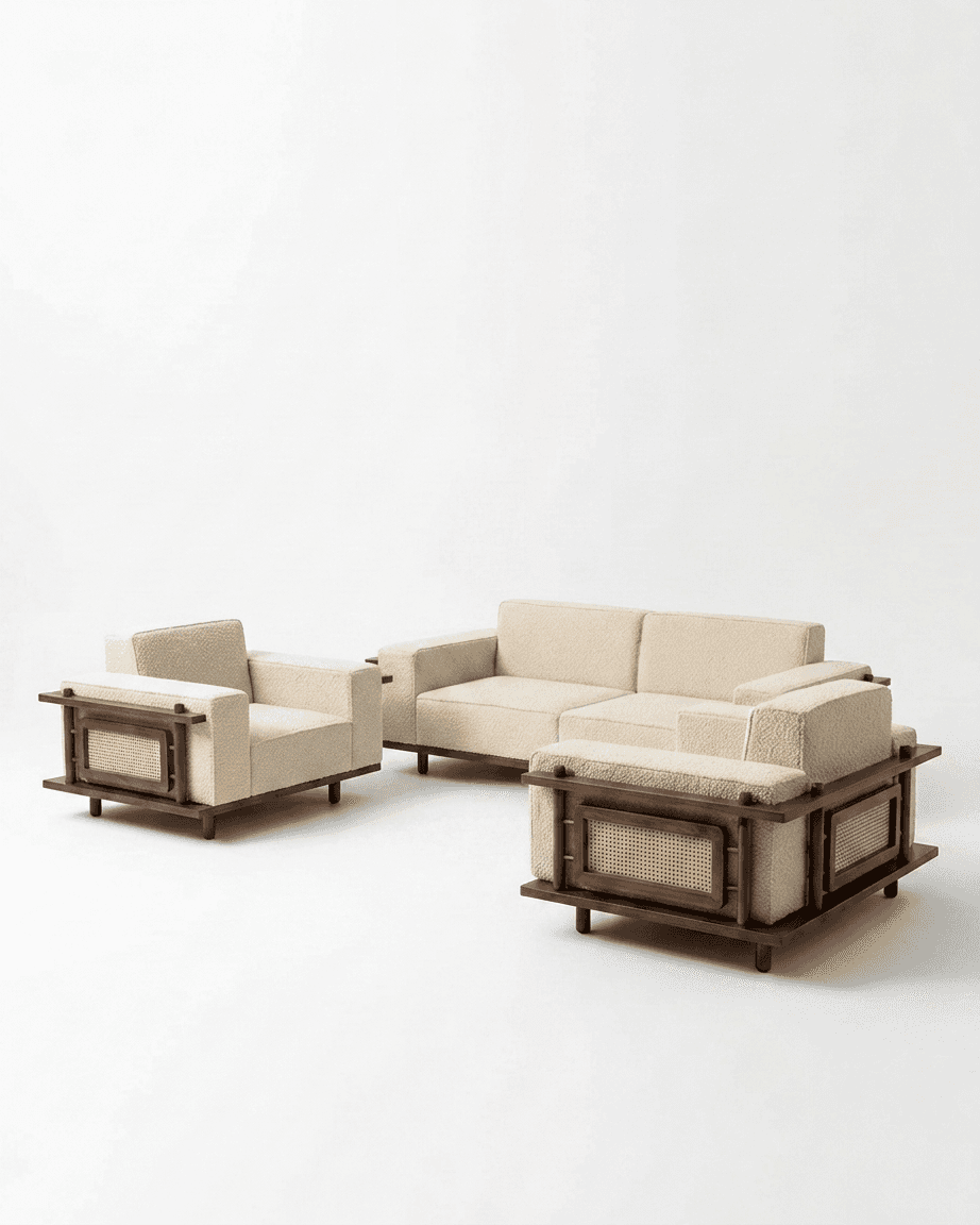 A matching set of living room furniture, including a two-seater sofa and two armchairs, featuring cr… — 3D model