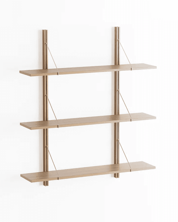 A wall-mounted modular shelving system featuring three light-toned wooden shelves supported by two v… — 3D model