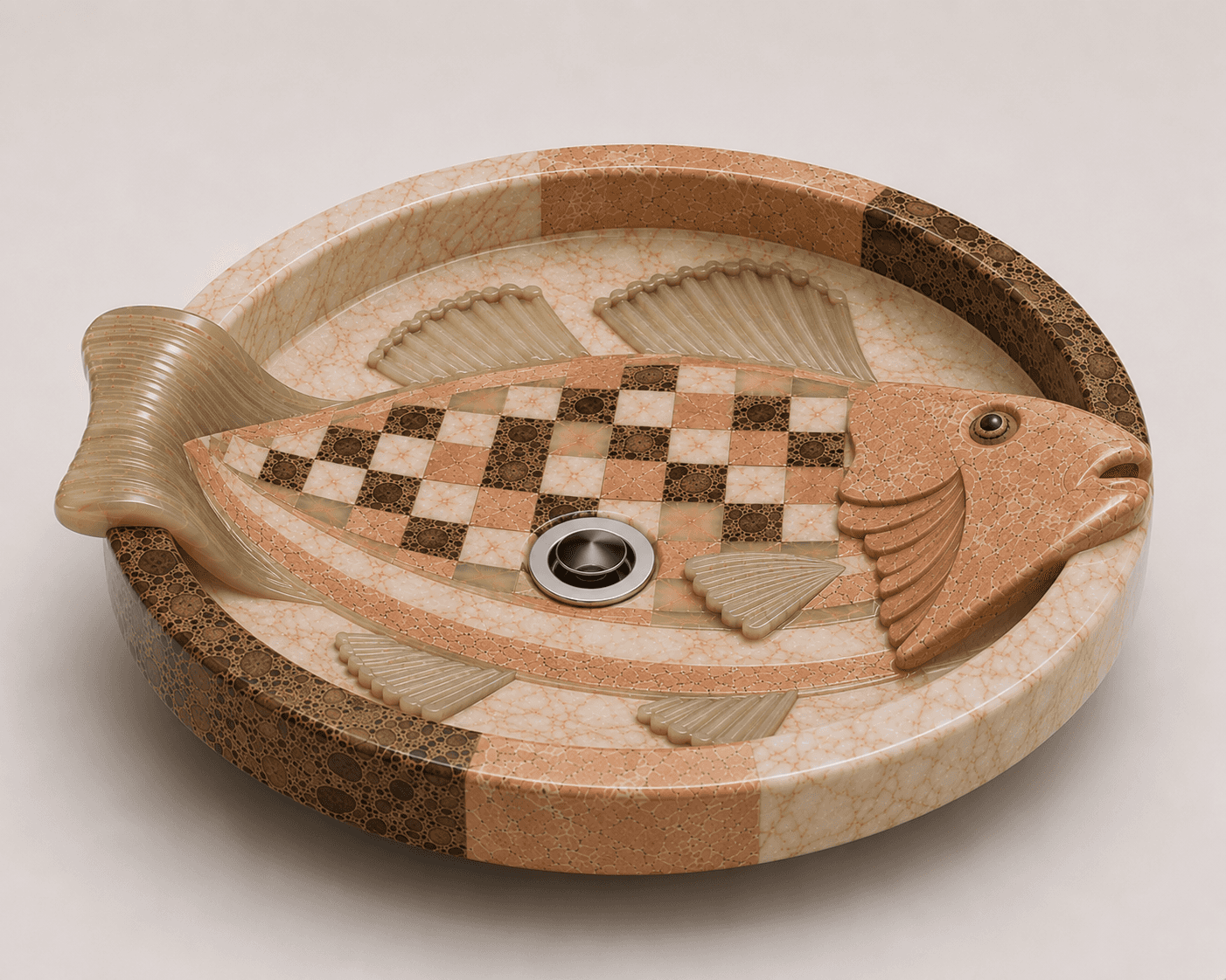 A highly decorative vessel sink shaped like a fish, crafted from multiple types of natural stone in… — 3D model