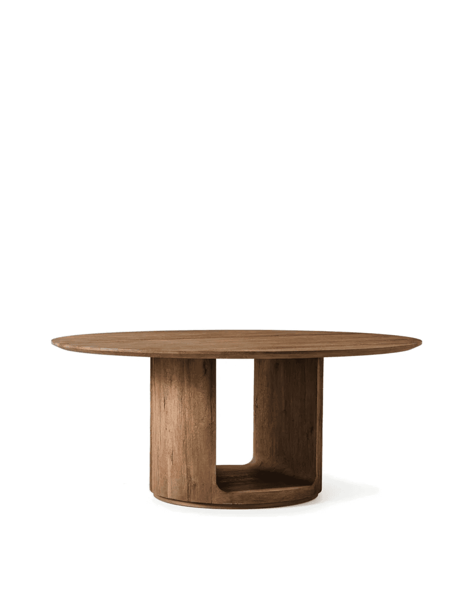 A round dining table with a thick, solid wood top and a unique, sculptural pedestal base. The base c… — free BLEND 3D model