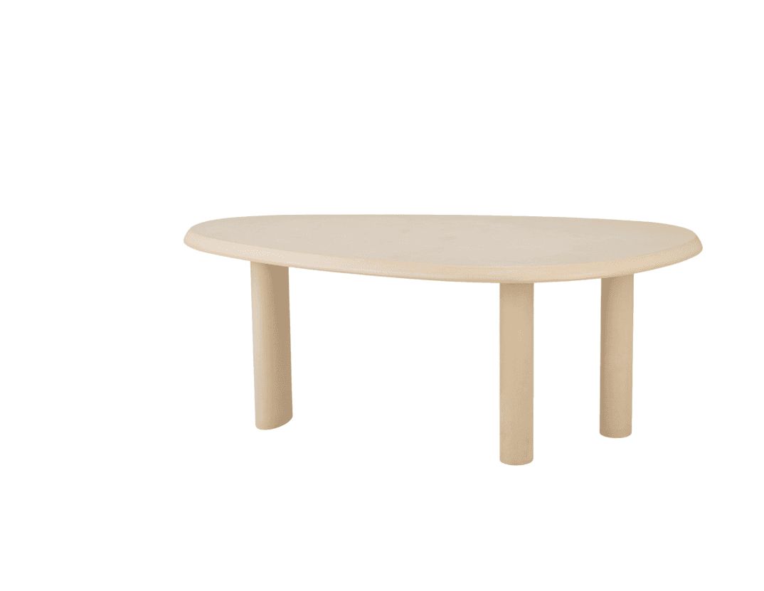 A low-profile coffee table with a freeform, organic-shaped top and three cylindrical legs. The table… — free BLEND 3D model