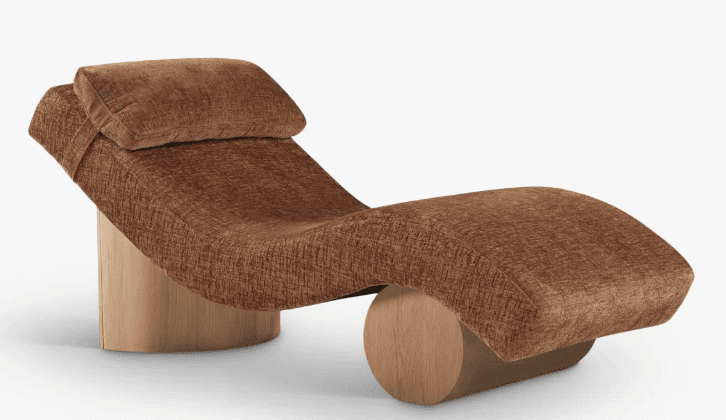 A contemporary chaise lounge with a curved, ergonomic design. It features a rounded wooden base that… — 3D model