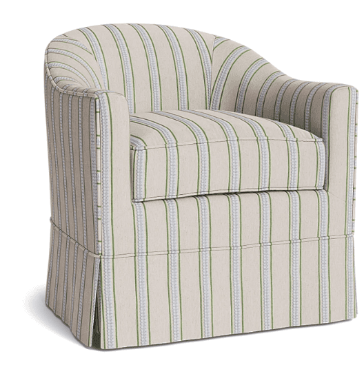 An upholstered armchair featuring a barrel back design, track arms, a loose seat cushion, and a tail… — 3D model