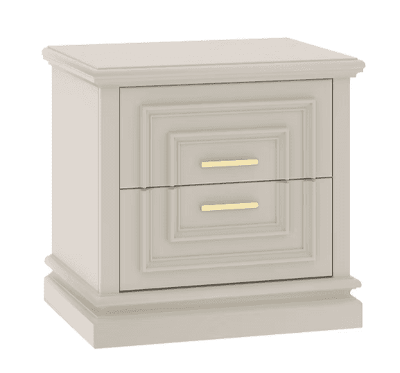 A two-drawer nightstand in a light greige finish featuring prominent recessed panel detailing on the… — 3D model