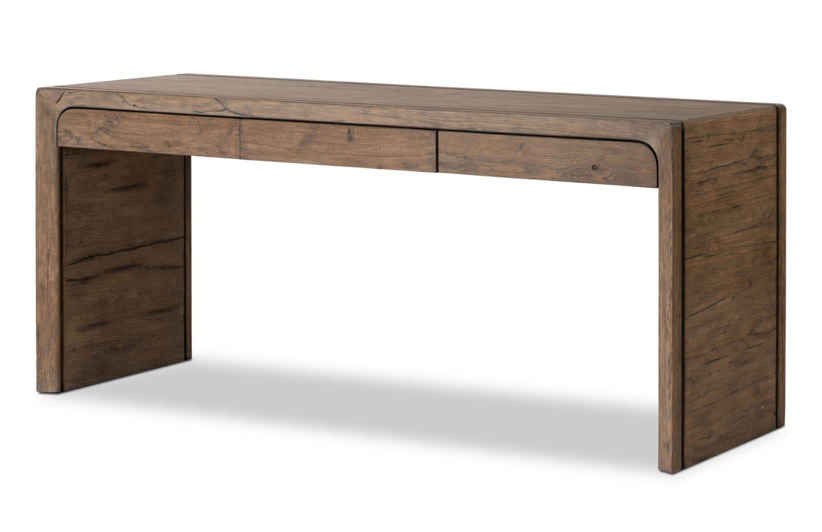 A wooden desk with a smooth, rectangular top and two integrated drawers. The desk has a waterfall de… — 3D model