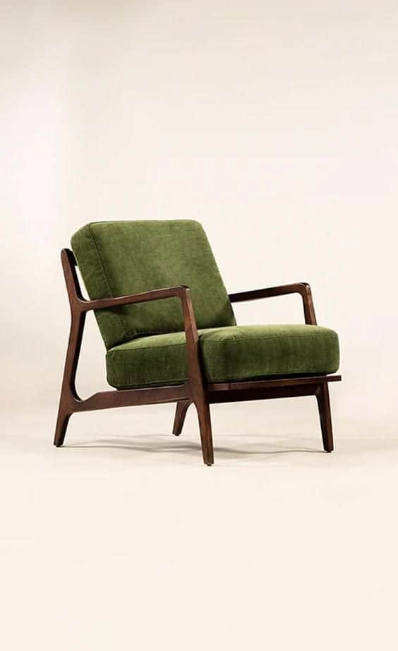 A stylish armchair featuring an exposed dark wood frame and comfortable olive green fabric upholster… — 3D model