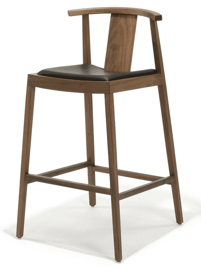 A contemporary bar stool featuring a solid walnut wood frame, a black leather upholstered seat, and… — 3D model