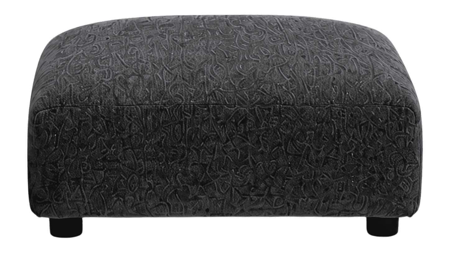 A rectangular upholstered ottoman with a low profile and four short, cylindrical black legs. The fab… — 3D model