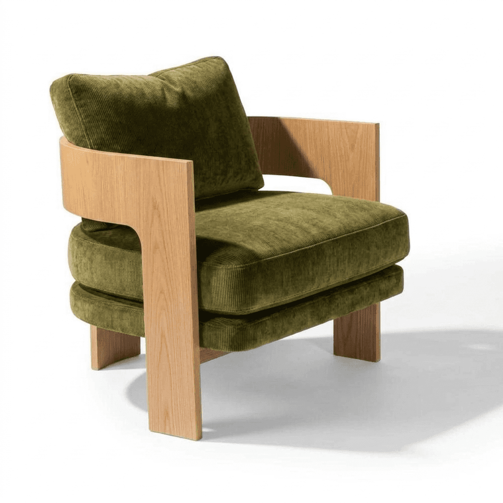 A contemporary lounge chair featuring a sturdy, light-toned wood frame and plush, olive green cordur… — 3D model