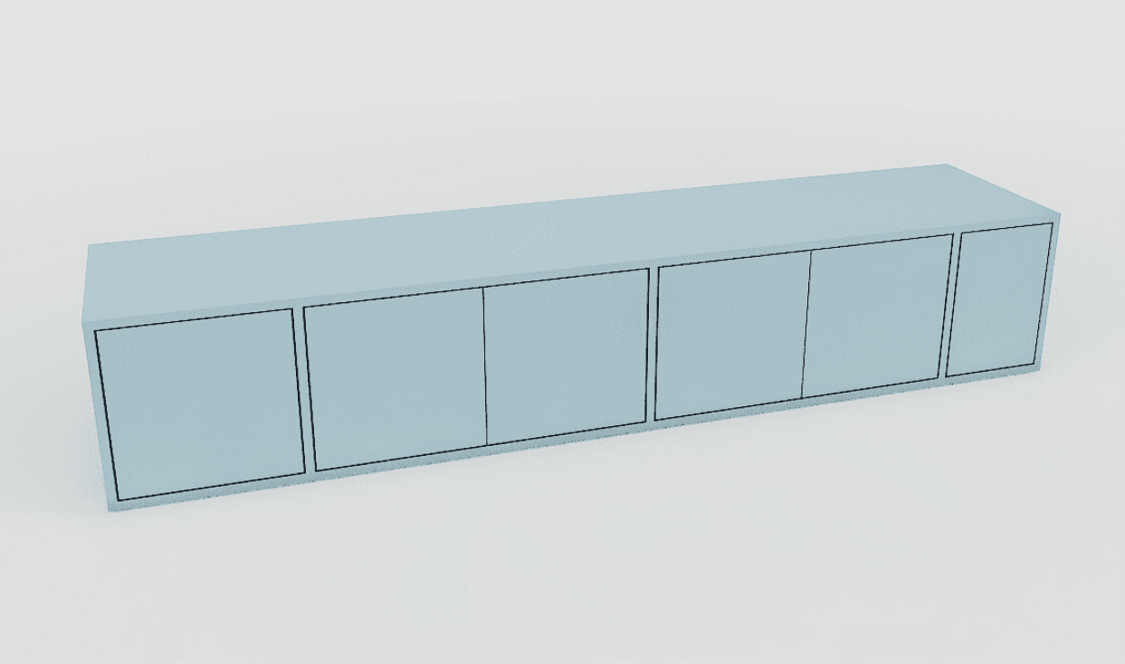 A long, low-profile cabinet with a smooth, light blue surface. It features six distinct rectangular… — free OBJ 3D model