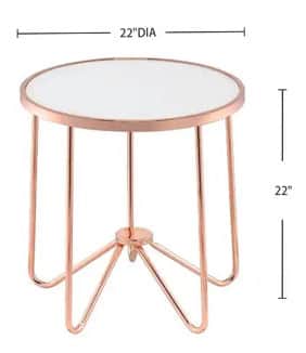 A modern, round side table featuring a white circular tabletop framed by a rose gold metallic rim. T… — 3D model