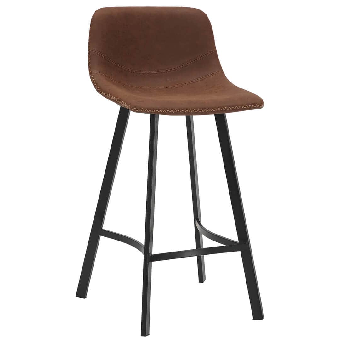 A contemporary bar stool featuring a contoured, brown faux leather seat and backrest, supported by a… — 3D model