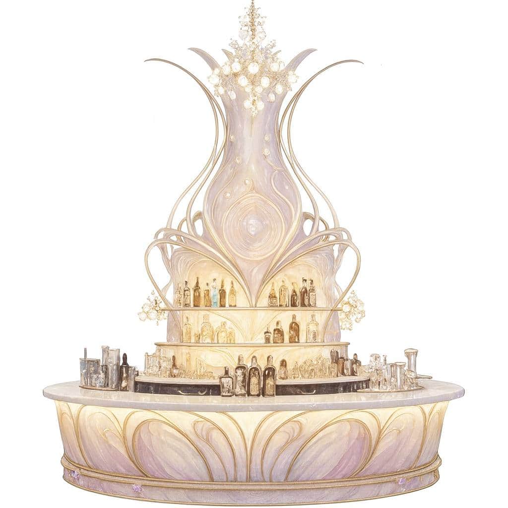 A highly ornate and elaborate bar unit with multiple tiers of shelving for displaying bottles and gl… — 3D model