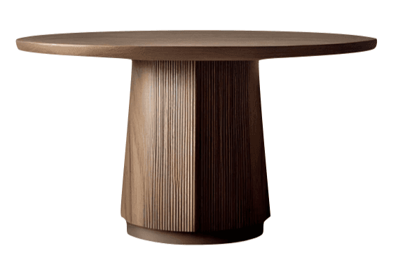 A round dining table with a thick, solid wood tabletop and a unique, fluted pedestal base. The base… — 3D model