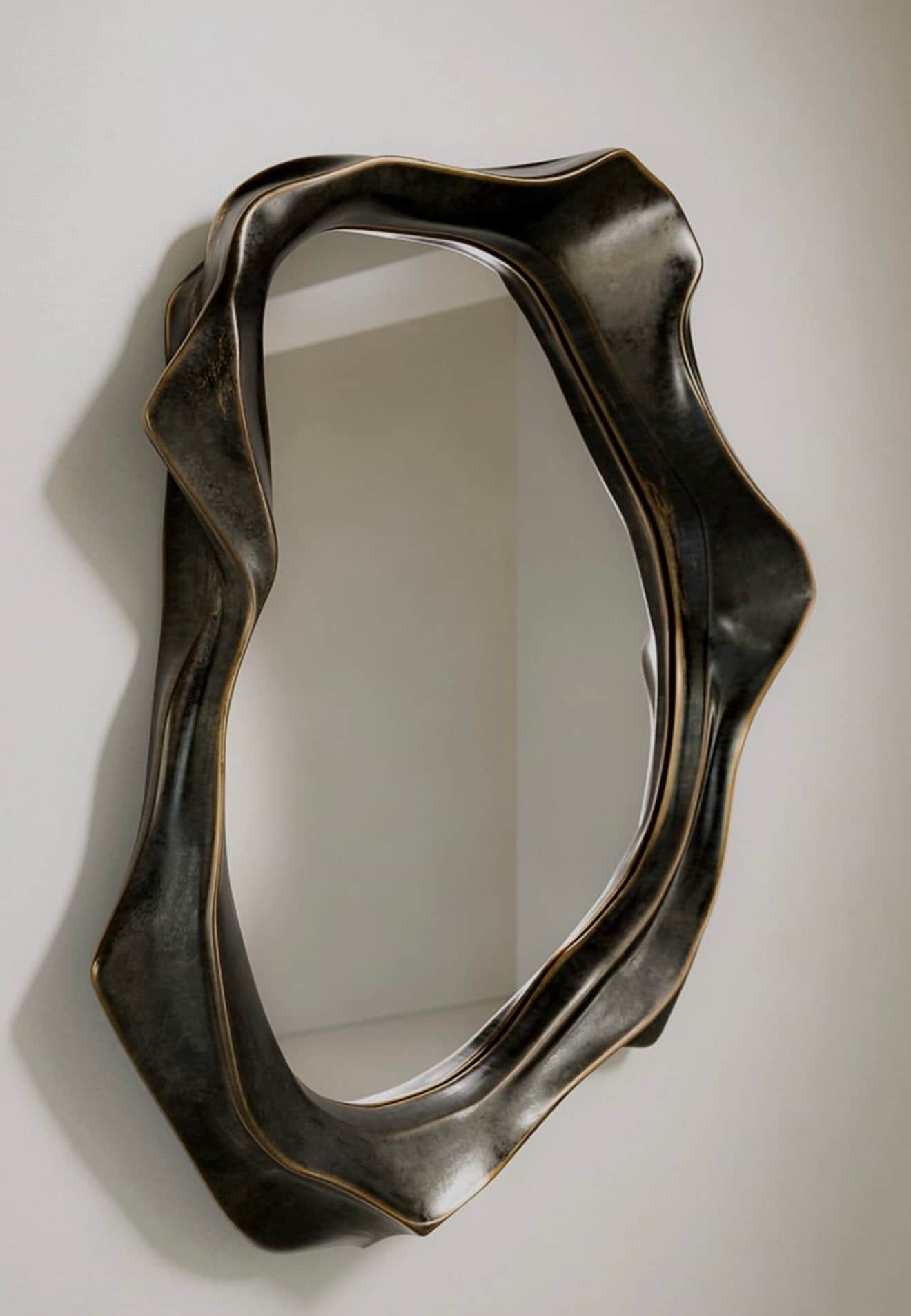 A wall-mounted mirror featuring an irregularly shaped, organic, and sculptural frame. The frame has… — 3D model
