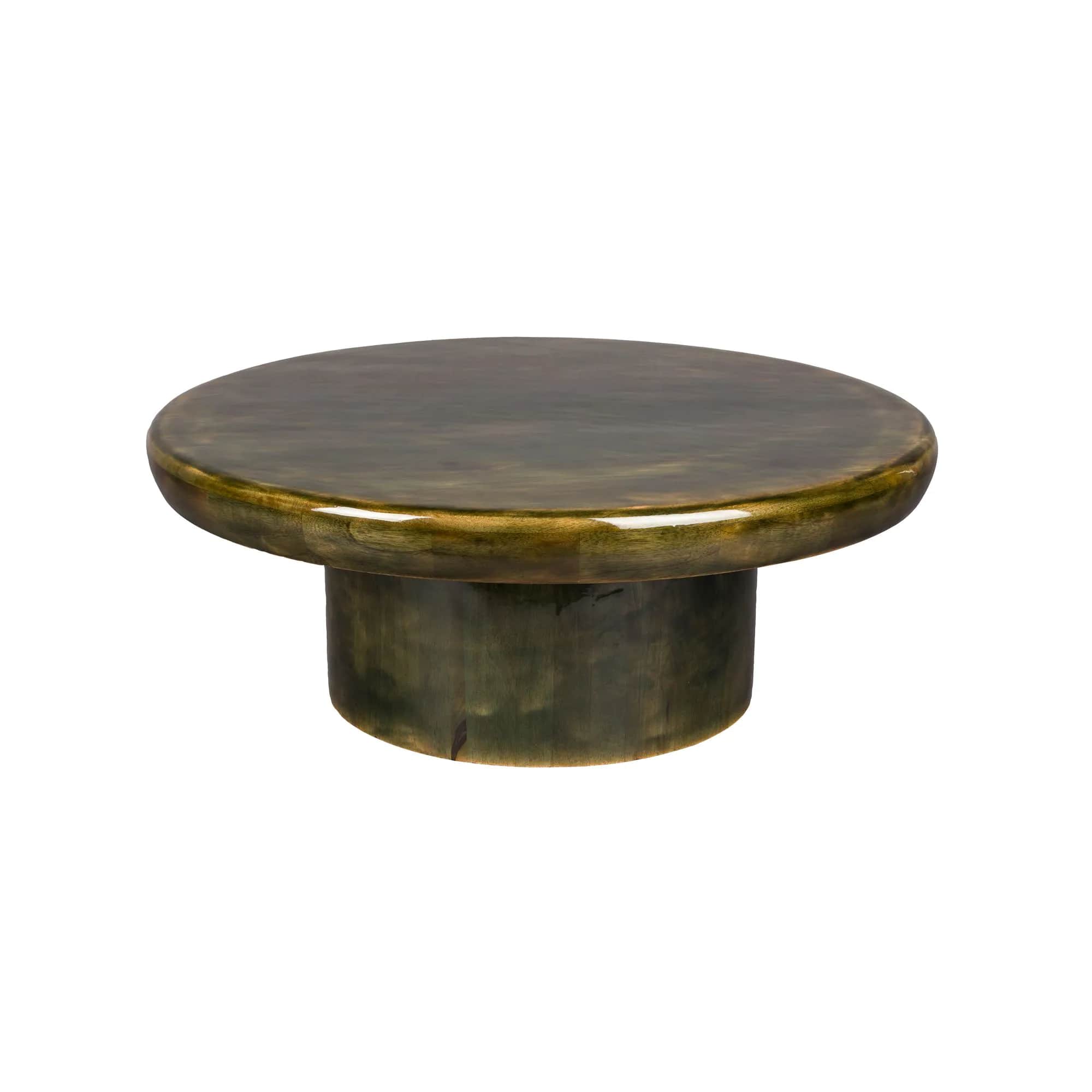A circular coffee table with a dark green, polished top and a cylindrical base. The material has a m… — 3D model
