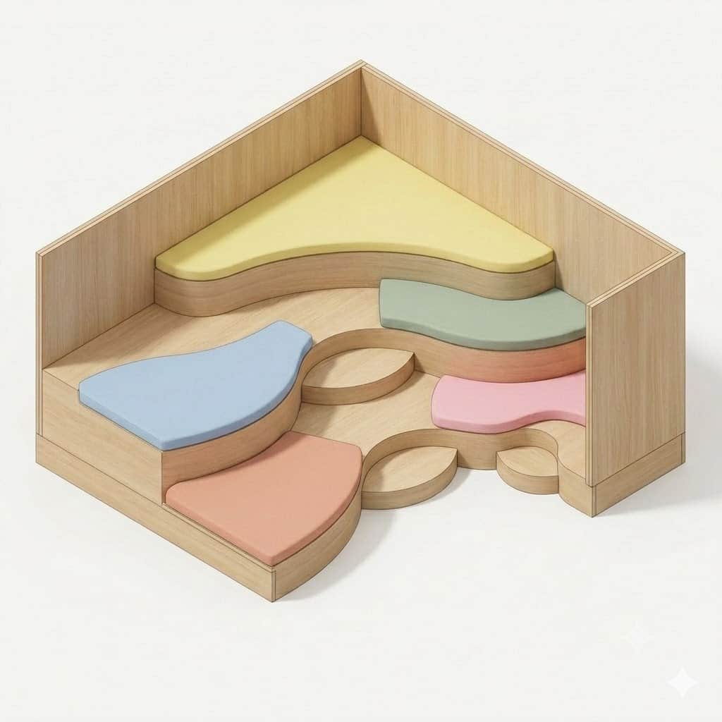 A corner-fitting, multi-level seating unit constructed from light wood, featuring several individual… — 3D model