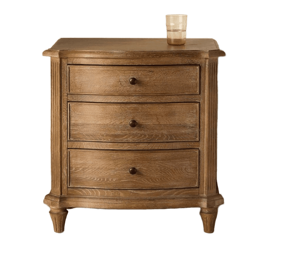 A traditional French Provincial style nightstand crafted from light-toned oak wood, featuring three… — 3D model