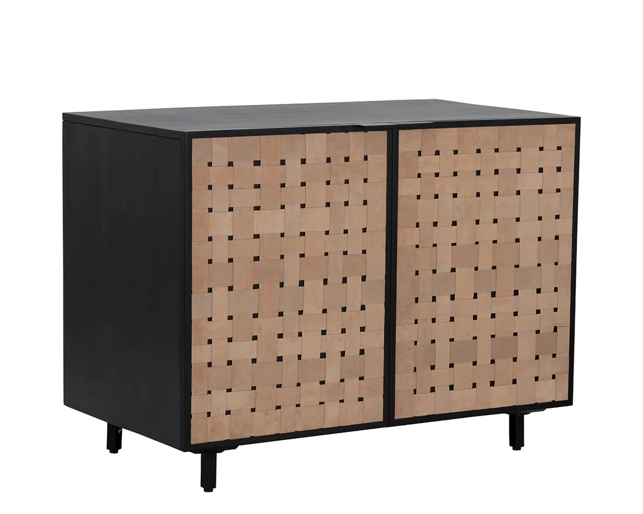 A two-door cabinet with a black exterior frame and legs, and a woven natural material front. The cab… — free OBJ 3D model