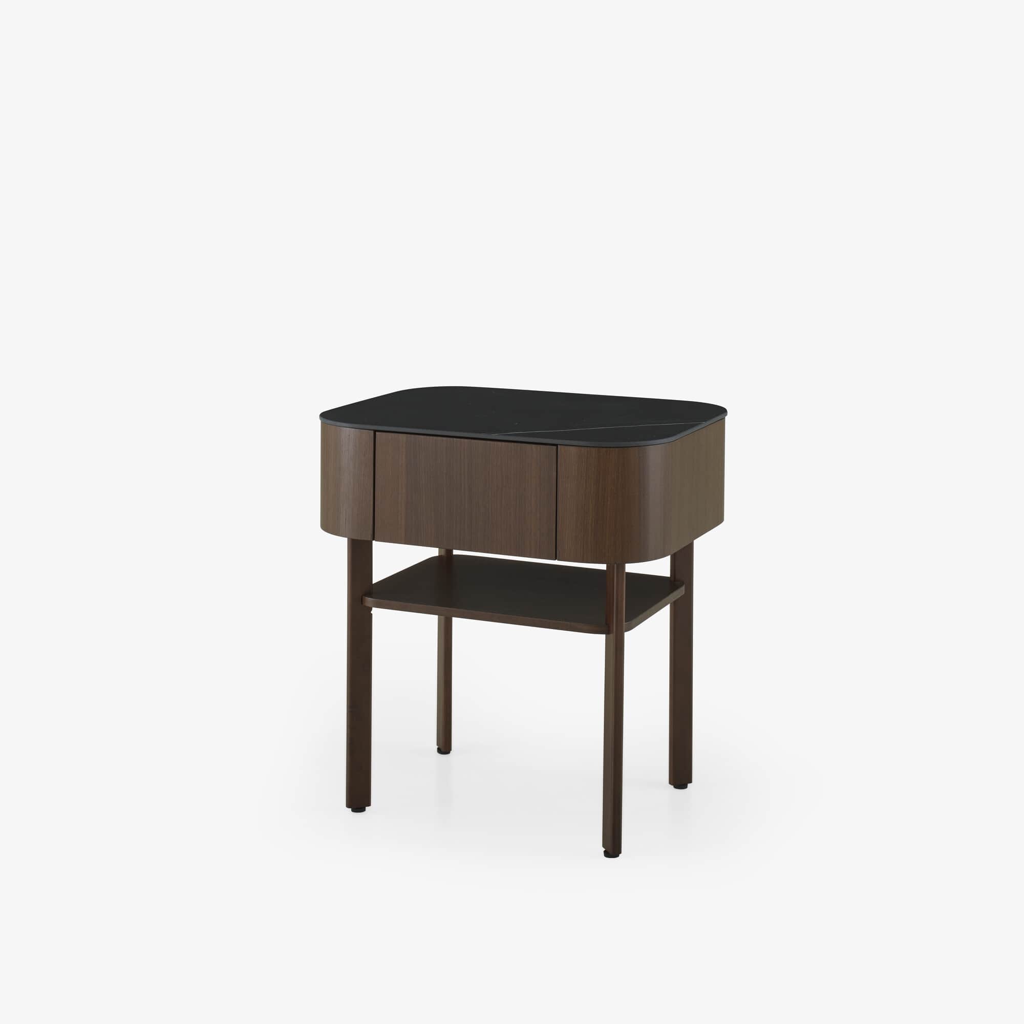 A modern nightstand featuring a dark brown wood body with rounded corners, a black marble top, and a… — 3D model