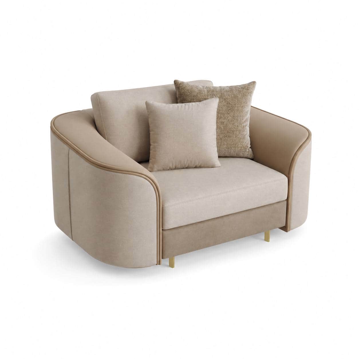 A contemporary lounge chair upholstered in a soft, light beige fabric, featuring rounded arms with c… — 3D model