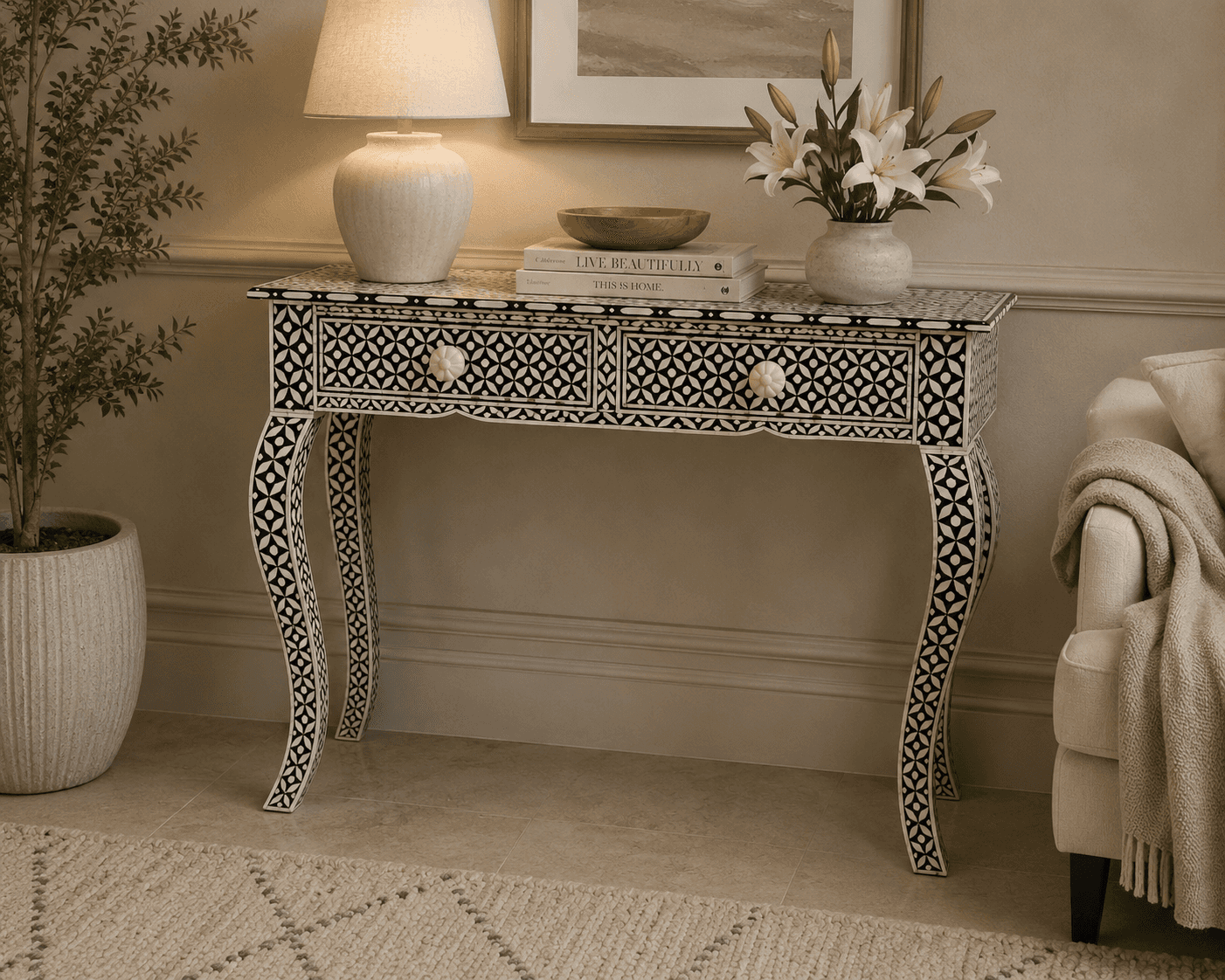 An elaborate console table featuring intricate black and white bone or resin inlay in a geometric pa… — 3D model