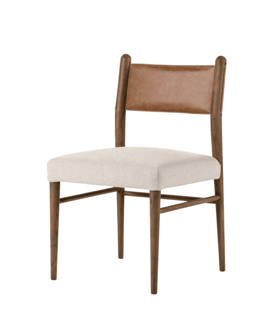 A modern dining chair with a wooden frame, upholstered seat, and leather backrest. The chair feature… — 3D model