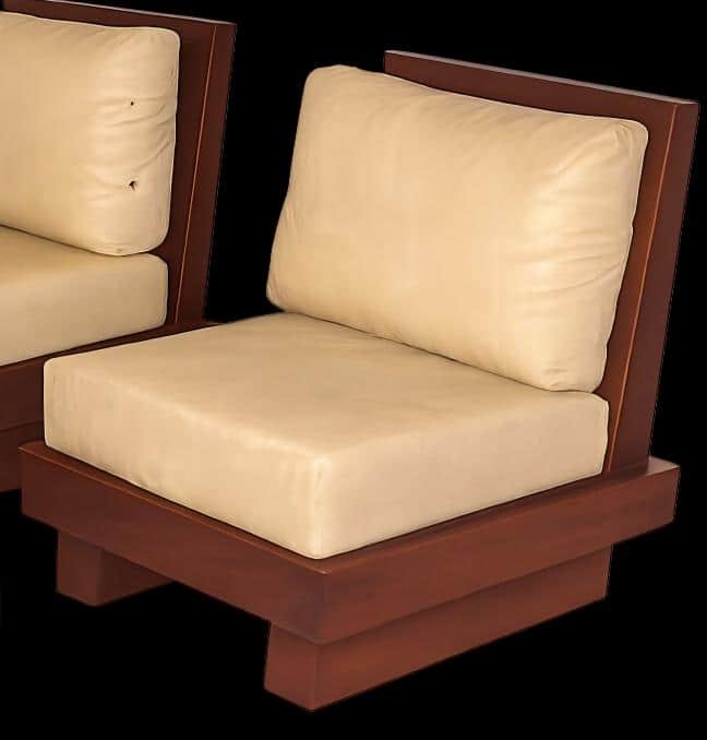 A modern armless lounge chair featuring a dark wooden frame and plush, light-colored upholstered cus… — 3D model