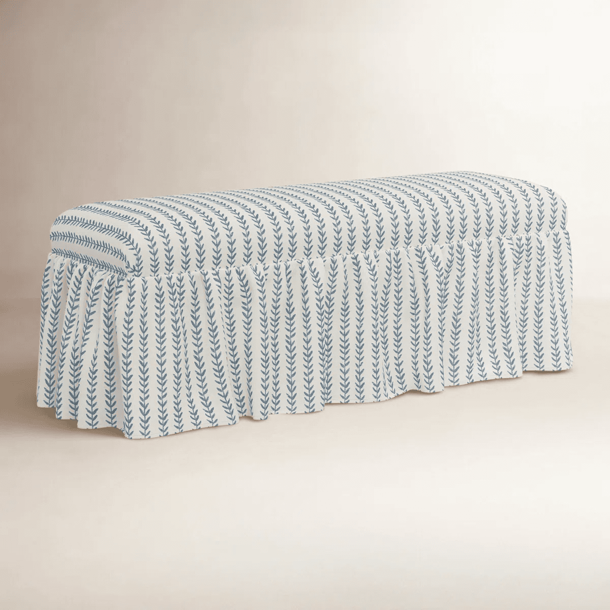 A rectangular bench upholstered with a fabric featuring a repeating pattern of blue vertical sprigs… — 3D model