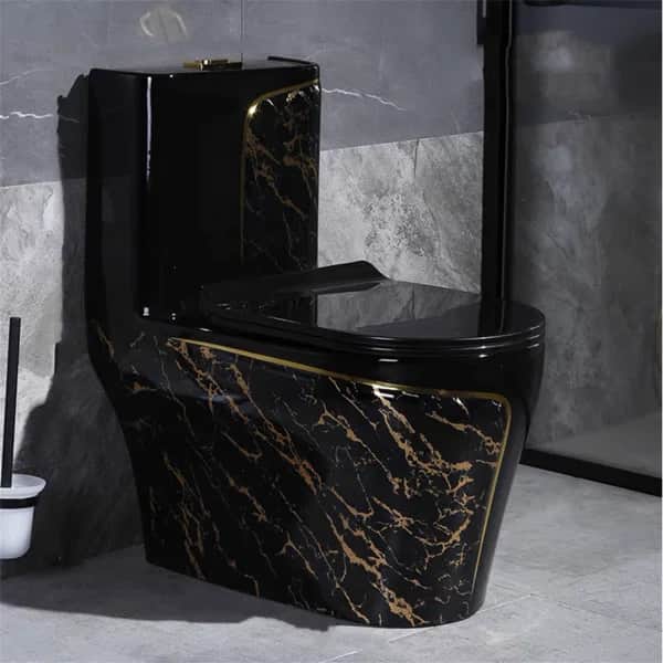 A modern, dual-flush toilet with a distinctive black marble-effect finish accented with gold veining… — 3D model