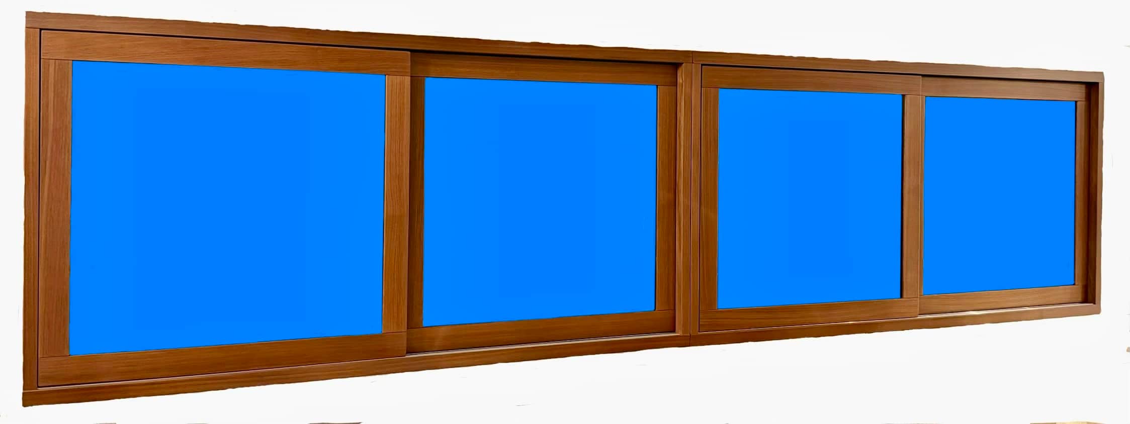 An elongated, low-profile furniture unit featuring a wooden frame and four sliding door panels. The… — 3D model