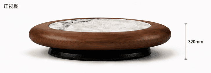 A round coffee table featuring a warm, dark wood-grain exterior and a central white and grey marble… — 3D model