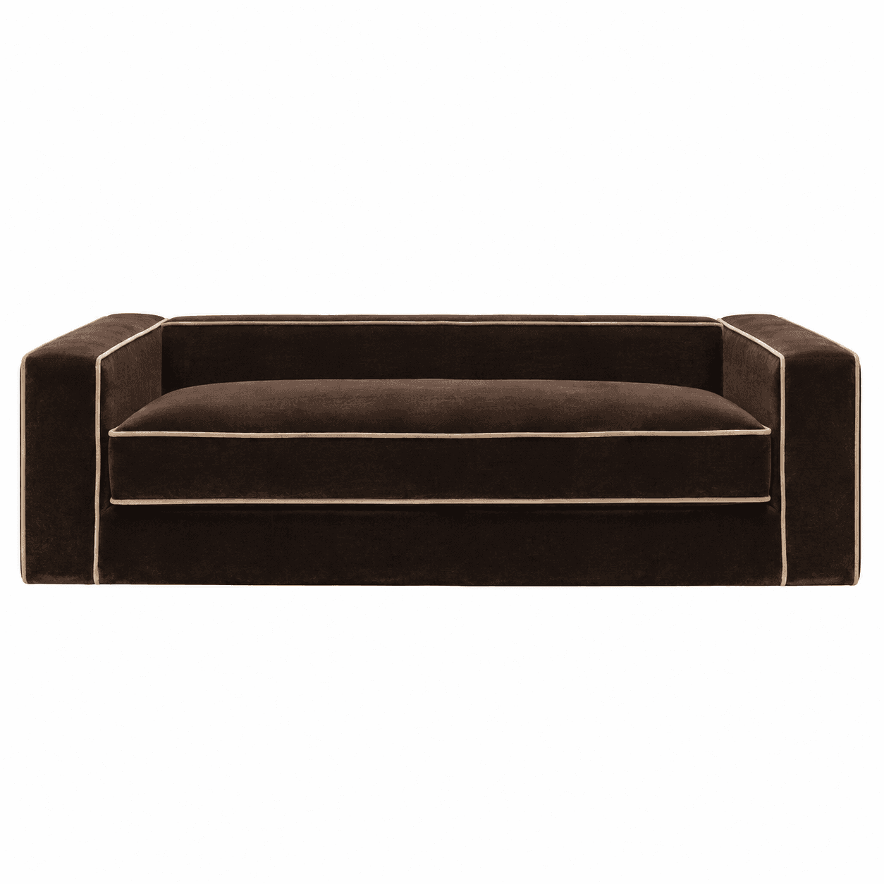 A contemporary dark brown velvet sofa featuring prominent contrast piping along its track arms, back… — 3D model