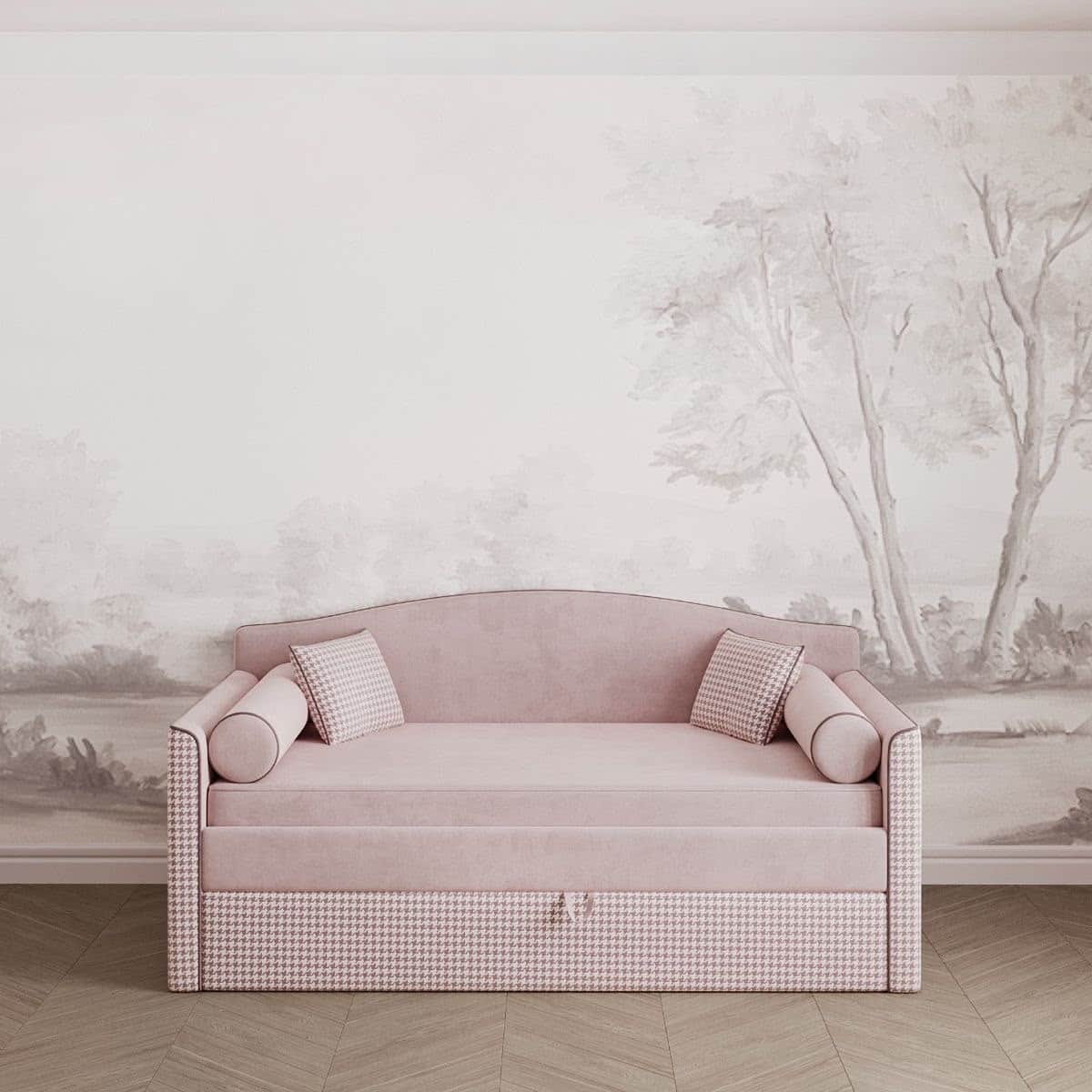 A contemporary daybed upholstered in soft pink fabric, featuring an arched backrest and integrated a… — 3D model