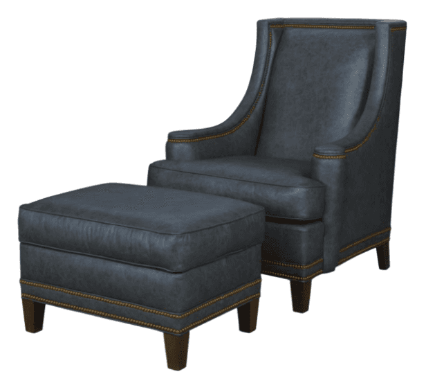 A dark gray, possibly distressed, leather-upholstered wingback armchair with a matching ottoman. Bot… — 3D model