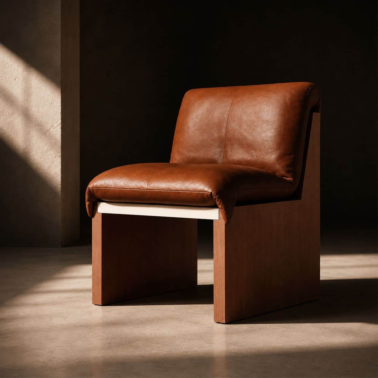 A modern armchair with a prominent wooden base and a plush, upholstered seat and backrest. The chair… — free BLEND 3D model