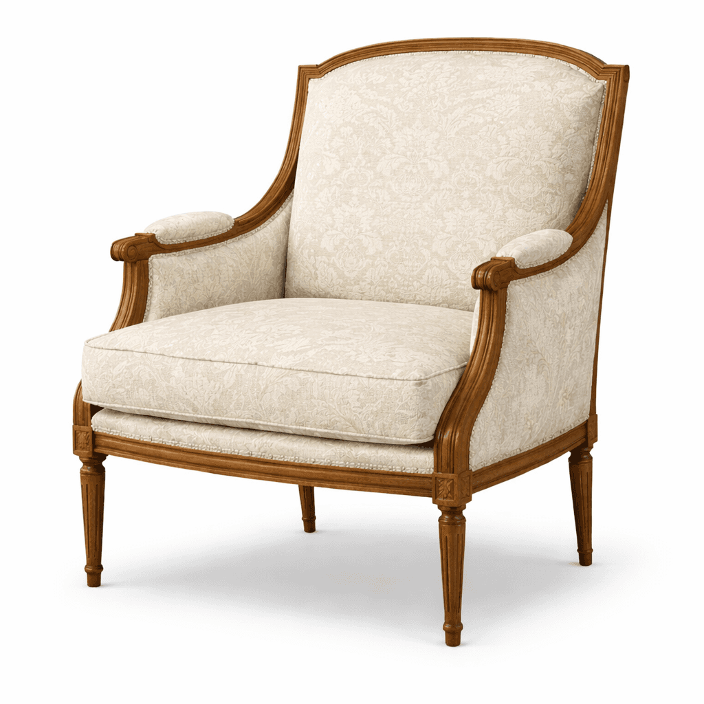 An armchair with a wooden frame and upholstered cushions. The frame features carved details and cabr… — 3D model