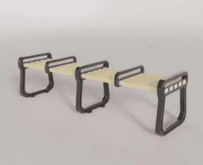 A modern bench featuring a light-toned slatted wood seat supported by a dark-finished, U-shaped meta… — 3D model