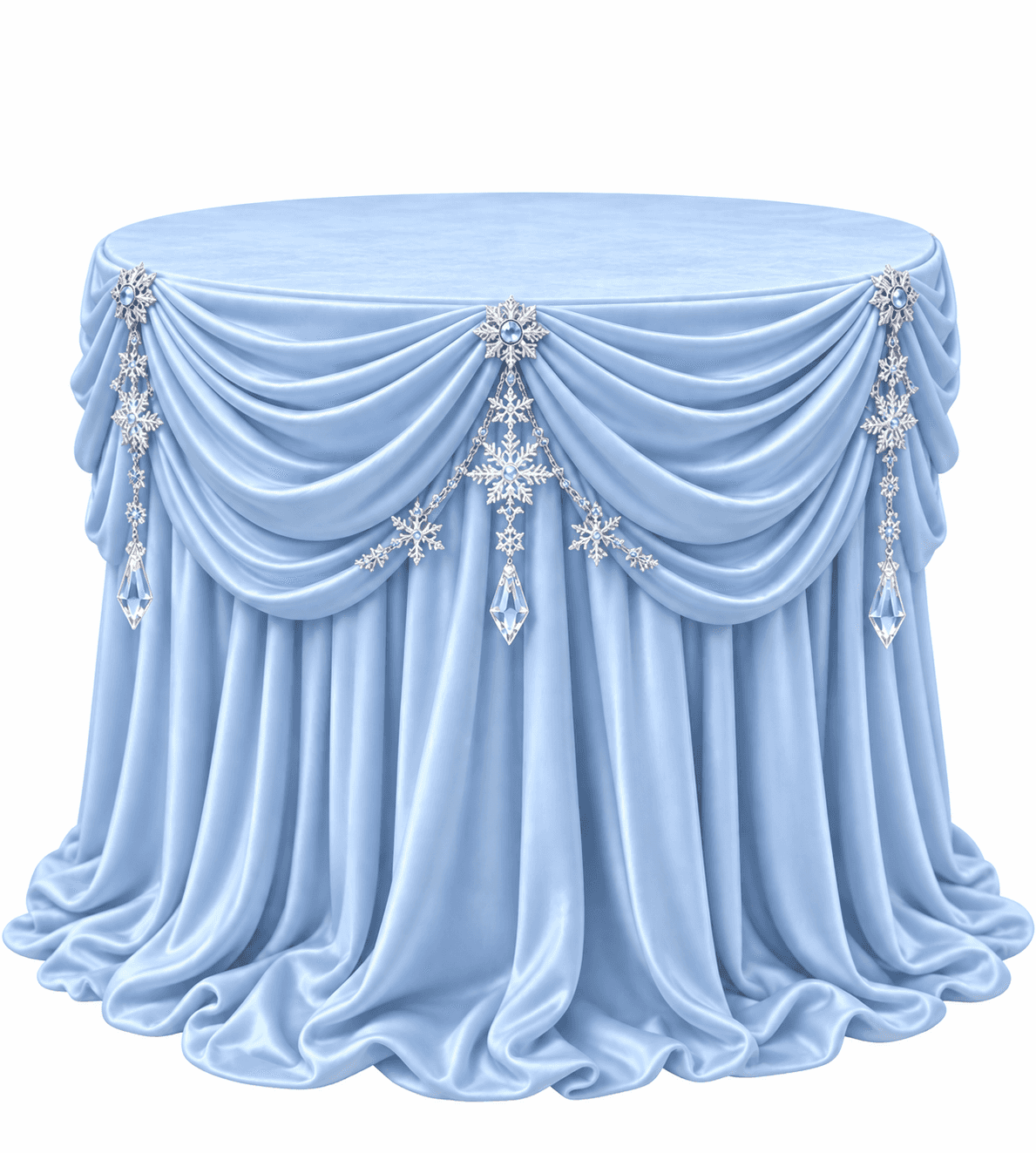 A round table completely covered by a light blue satin fabric drape, which is intricately gathered a… — 3D model