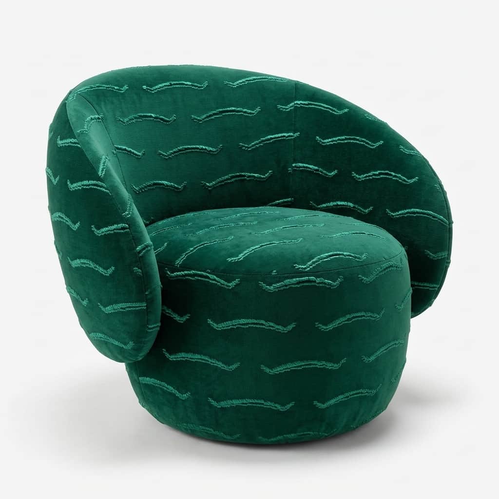 An emerald green barrel-shaped armchair upholstered in velvet, featuring a distinctive wavy embroide… — 3D model