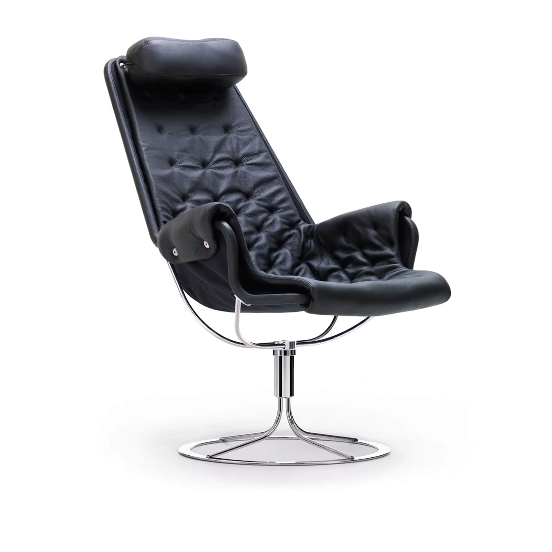 A high-backed lounge chair with black leather upholstery, tufted details, and a polished chrome swiv… — 3D model