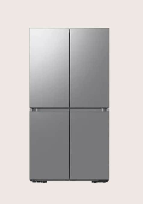 A modern, sleek, stainless steel quad-door refrigerator featuring a minimalist design with integrate… — 3D model