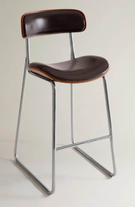 A modern bar stool featuring a chromed metal sled base frame with an integrated footrest. The seat a… — 3D model