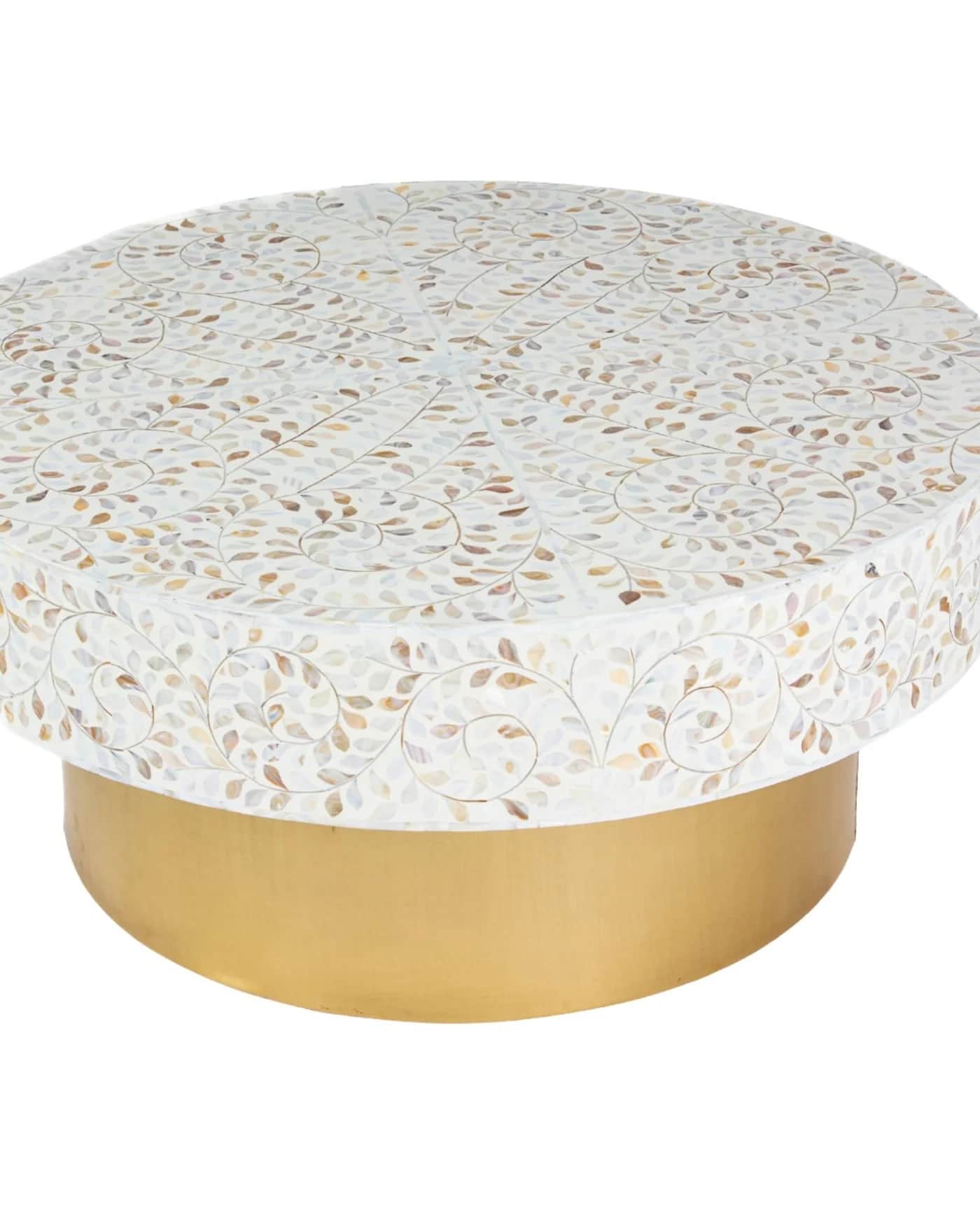 A round coffee table featuring a mother-of-pearl inlay top and a brass drum base. The inlay forms an… — 3D model