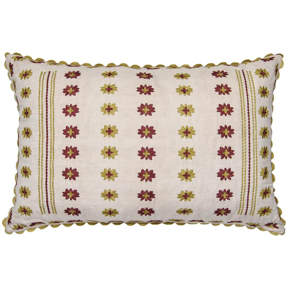 A rectangular cushion with a natural-colored fabric cover featuring embroidered floral motifs in alt… — free OBJ 3D model
