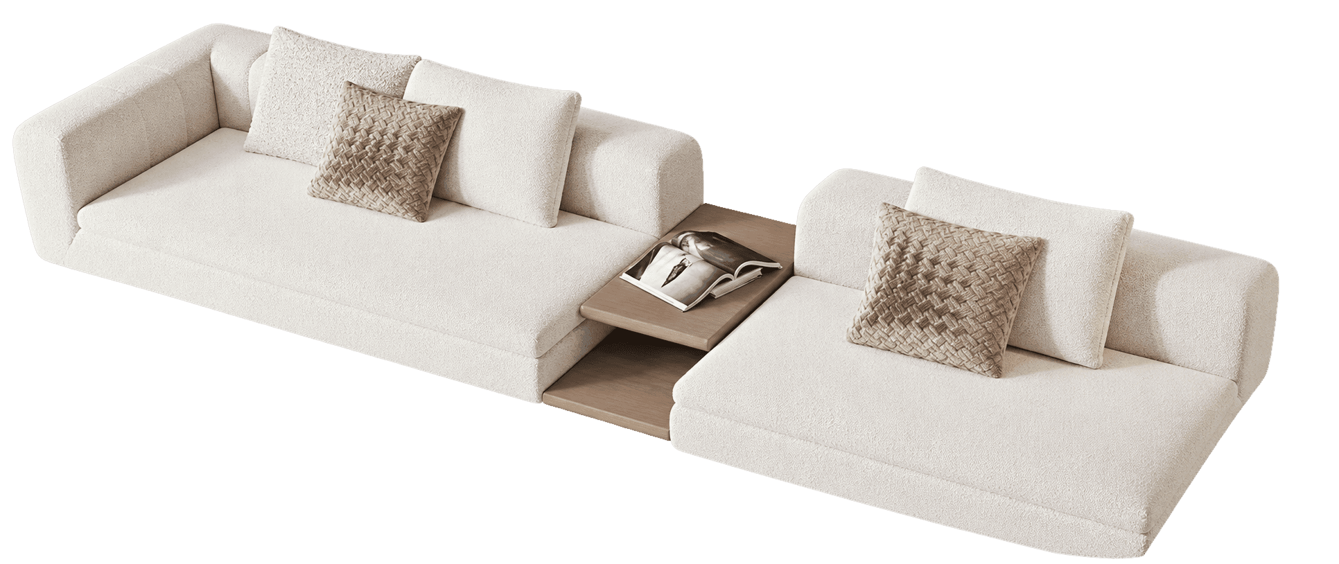 A contemporary modular sectional sofa upholstered in a light-toned, textured boucle-style fabric, fe… — free GLTF 3D model