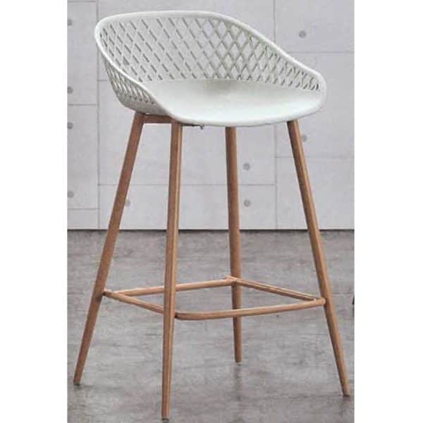 A modern bar stool featuring a white molded plastic seat with a lattice backrest, supported by four… — 3D model