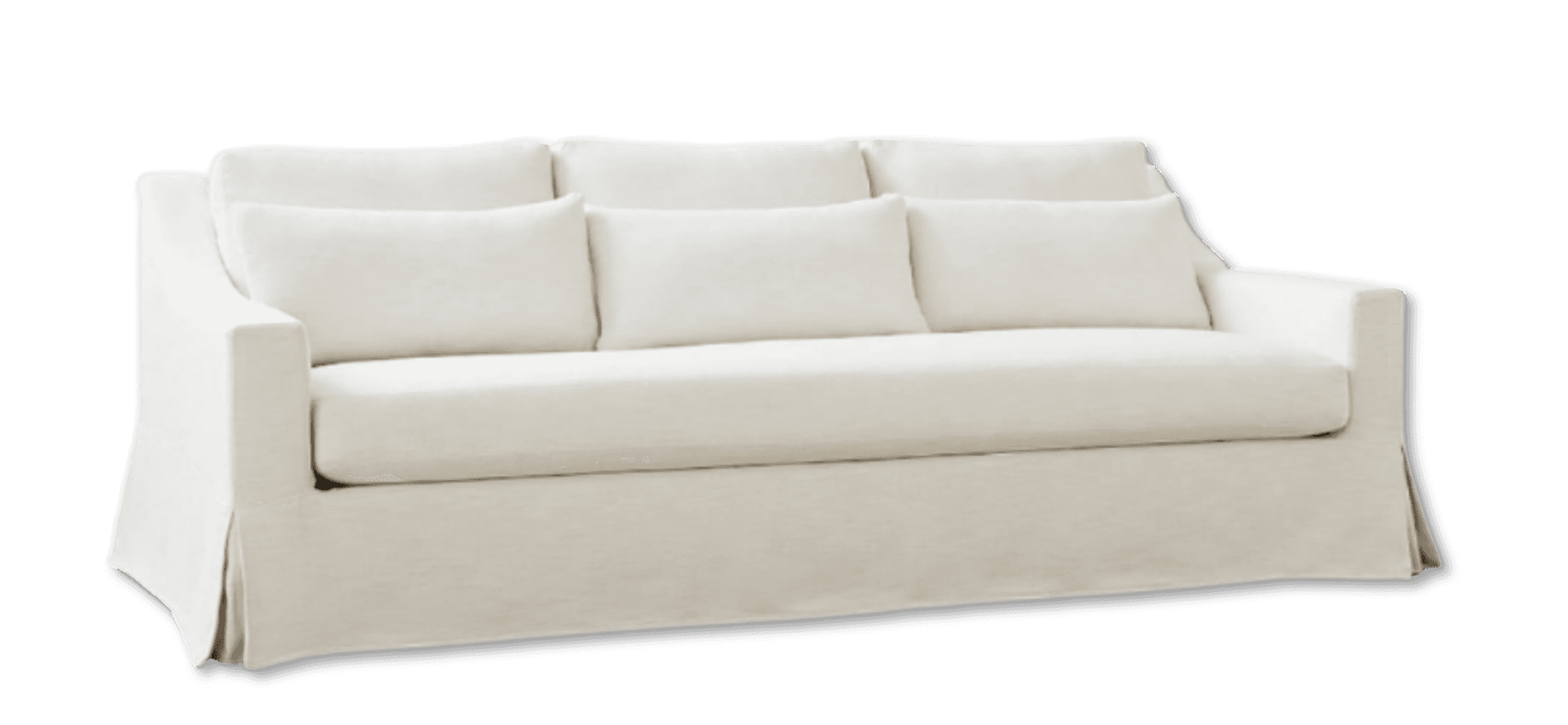 A white, three-seater sofa with a skirted base and plush cushions. The sofa has a relaxed silhouette… — 3D model